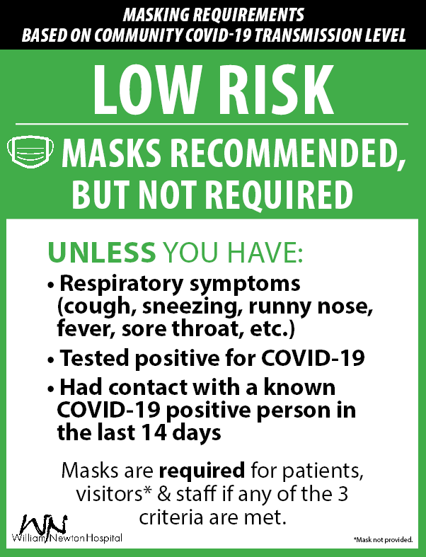 Low risk masks recommended but not required