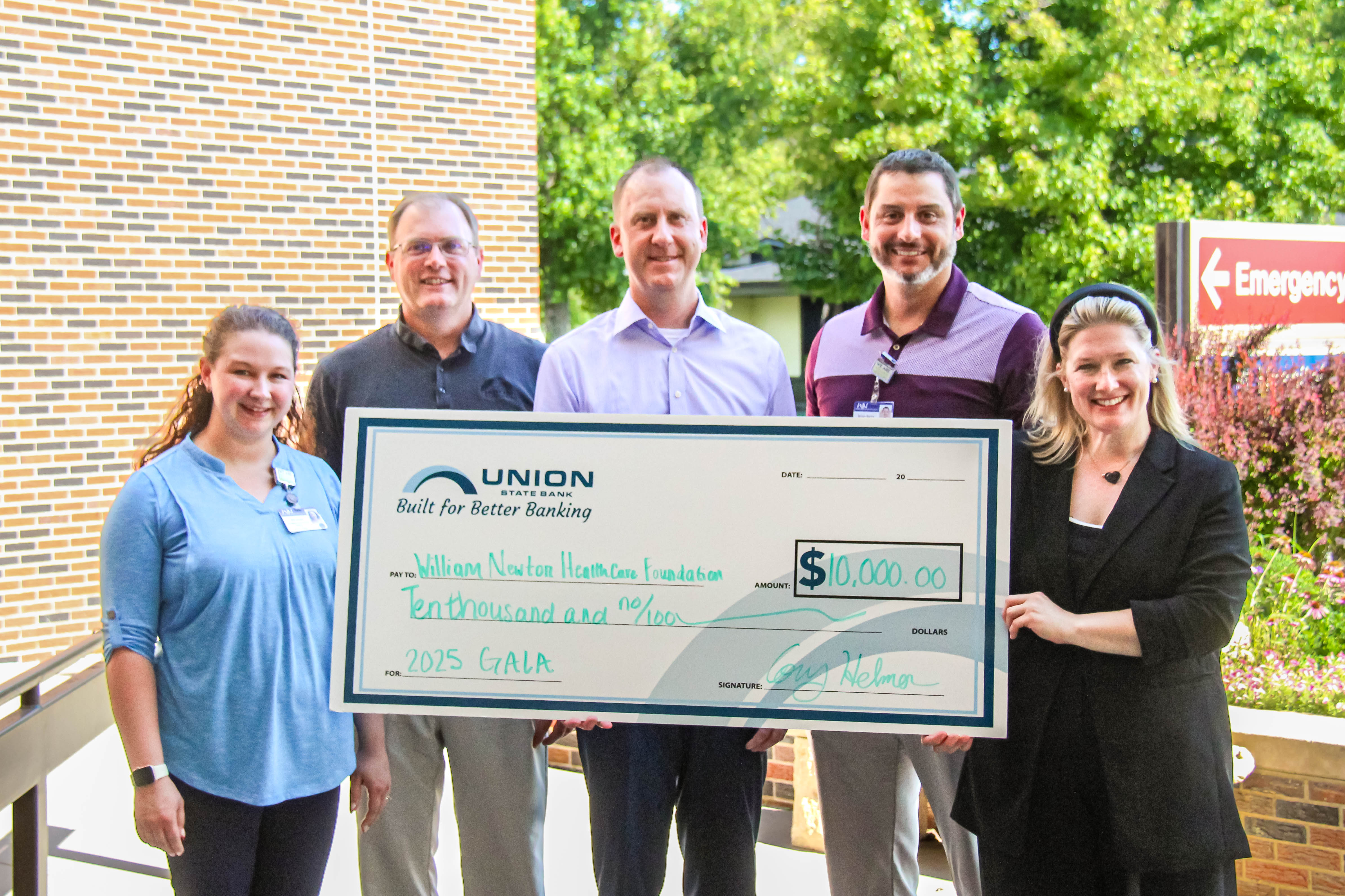 From left: William Newton Healthcare Foundation Assistant Miranda Nation Hofmeister, Union State Bank Marketing Director Clayton Pappan, Union State Bank Winfield Market President Cory Helmer, William Newton Hospital Chief Executive Officer Brian Barta, and William Newton Healthcare Foundation Executive Director Annika Morris.